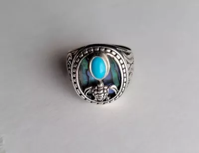 Ornate Turtle Turquoise Ring Abalone Background Unique Sterling Ring Size 7 • $47.99