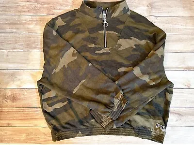 EUC Victoria’s Secret PINK Camo Fleece Half Zip Pullover Logo Size Large • $18.99