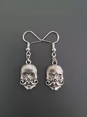 925 Sterling Silver Hook Skull With Moustache Charm Drop Earrings Gift Jewellery • $7.45