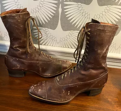 Antique Victorian Edwardian Boots Womens Brown Leather High Top Lace Up Shoes • $49