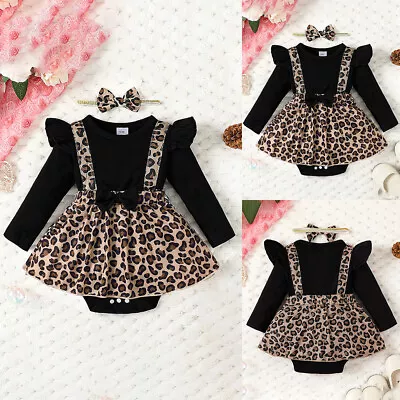 0-18 Months Infant Baby Girl Long Sleeve Leopard Ruffle Romper Dress Outfits Set • £8.59