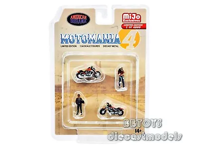 Moto Mania 4  4 Piece Set (2 Figurines Motorcycles) 1/64 AMERICAN DIORAMA 76504 • $12.99