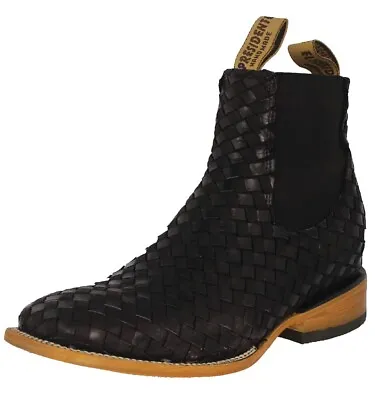 Mens Black Cowboy Chelsea Ankle Mid Boots Woven Braided Leather Botas Vaquero • $170.98
