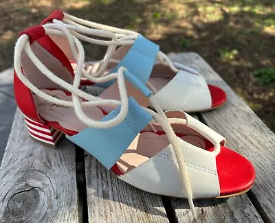 MISS L FIRE (38/7.5) “Mable” Leather Retro Sandals Heels Red White + Blue Tie-Up • $94