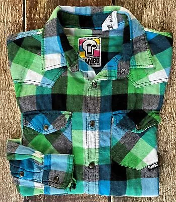 Mambo Western Pearl Snap Flannel Shirt Multi Blue Green Mens Medium Excellent • $19.99