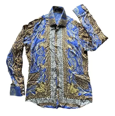 Hawes & Curtis Black Label Versace-Like Button Up Shirt Baroque Silk Blue Medium • $189.99