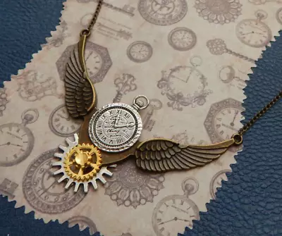 Winged Necklace Steampunk Pendant Gold Chain NEW Jewelry Handmade Cosplay Gears • $18.99