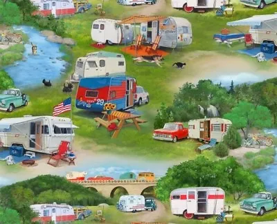 Vintage Trailers Fabric - RV Antique Car Forest Green - Elizabeth's Studio YARD • $10.98