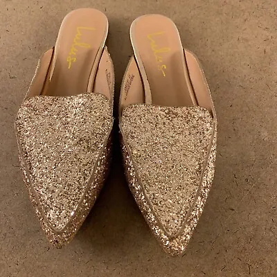 Lulus Womens Joelle Mule Flat Shoes Gold Slip On Sequin Pointed Toe 5.5 M • $16.99