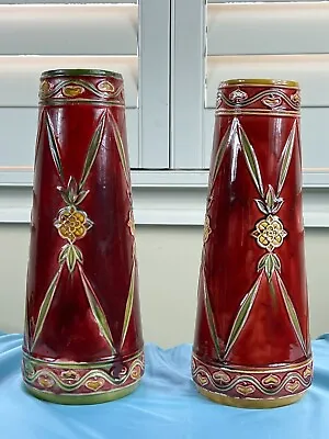 Large Minton Art Nouveau / Secessionist Vases In Red Glaze With Tube-line Bodies • $925