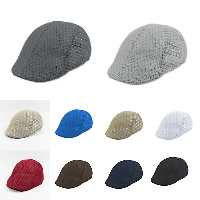 Mens Summer Beret Cotton Sun Hat Flat Cap Breathable Mesh Caps Fishing Berets • £5.95