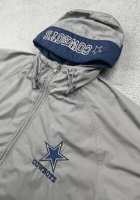 VINTAGE Dallas Cowboys Coat Mens Large Pro Player Hooded Lined Gray Parka Jacket • $34.99