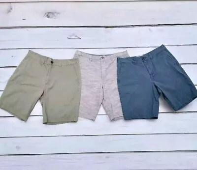 Lot Of 3 Merona Men's 36 Chino Shorts Flat Front Green Blue Gray 10  Inseam EUC • $27