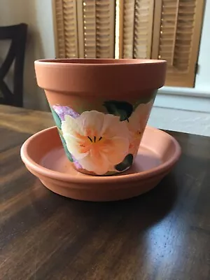 Hand Painted Clay Terra- Cotta Flower Pot With Saucer  Beautiful Detail 4-1/2  • $20