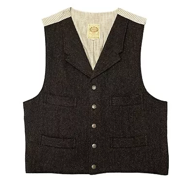 Wah Maker Herringbone Tweed Wool Vest Waistcoat Brown Western Mens Large USA • $50