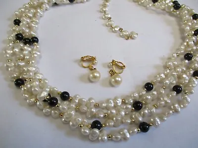 Vintage Multi 3 Strand White Faux Freshwater Pearl Beaded  Necklace & Earrings • $7.99