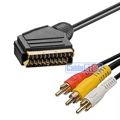 5m SCART Cable To 3 X Triple RCA Phono Audio Video TV LONG Composite Lead GOLD • £4.75