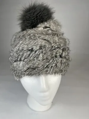 Marcus Adler Beanie Pom Hat 100% Genuine Rabbit Fox Fur Spandex Gray Women’s • $31