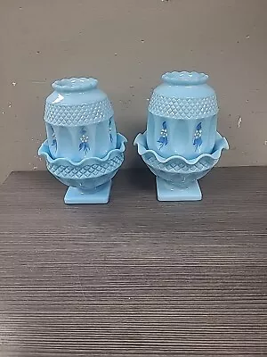 2 Vintage Westmoreland Blue Milk Glass Fairy Lamp Hand Painted Signed Dated 1979 • $329.98