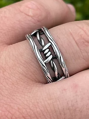 Barbed Wire Solid 925 Sterling Silver & Black Oxidized Plain Ring Wedding Band • $39.31
