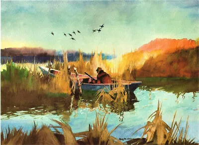 ROY MARTELL MASON - Duck Hunter In Boat - WAITING - 13x19 Art Print DUCK HUNTING • $14.99