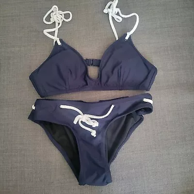 J. Crew Classic Nautical Navy Blue Bikini Top & Bottom W/ White Braided Ties XS • $4.99