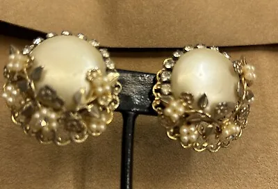 Miriam Haskell Inspired Faux Pearl And Rhinestone Clip Earrings • $42