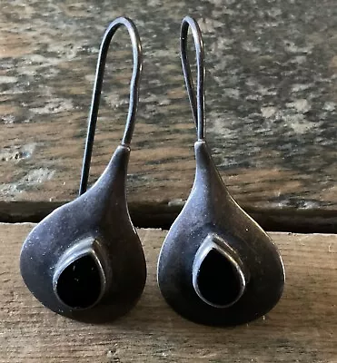 Sterling Silver Black Onyx Teardrop Earrings Vintage • $21.99