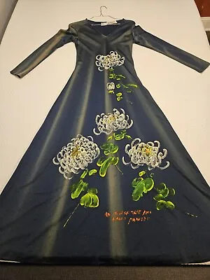 Vintage Mimosa Tree Hand Painted Flowers OOAK Maxi Dress Saks Fifth Ave • $50