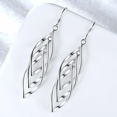 925 Sterling Silver Long Triple Leaf Drop Dangle Hook Earrings Women Jewellery  • £3.99