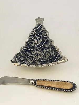 Christmas MUDPIE Pewter Holiday Christmas Tree Dish W/Spreader/Knife 7” H • $12