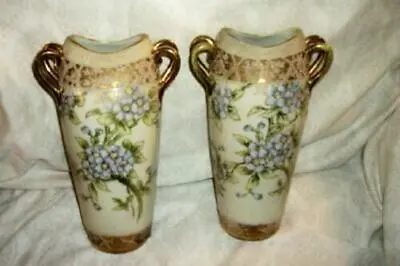 Antique Hp Nippon Moriage Porcelain Vases Tall Rich Gilt Stunning Florals Pair • $232.99