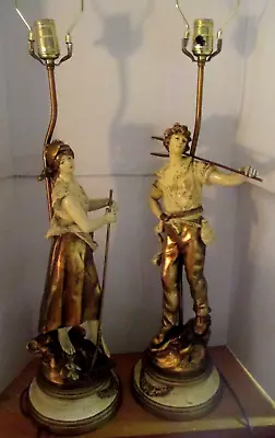 L&F Moreau Pair Of Vintage Art Nouveau Spelter Lamps J.B. Hirsch • $250