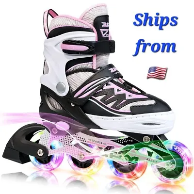 Girls Adjustable Rollerblades Illuminating  Inline Skates With Light Up Wheels • $39.98