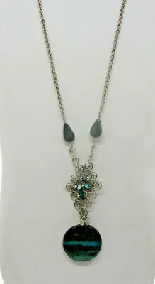 Vintage Greenish Blue Stone Pendant Silver Tone Necklace • $14.99