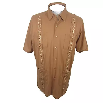 Haband Men Shirt GUAYABERA Mexican Wedding Pit To Pit 24 L Brown Embroidered • $19.54