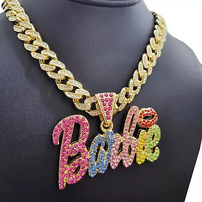 Women Rainbow Color Barbie Icy Charm & Iced Cubic Zirconia Cuban Chain Necklace • $19.99