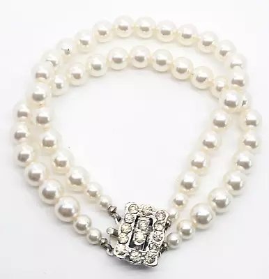 White Faux Pearl Vintage Double Strand Rhinestone Clasp Bracelet • $13.60