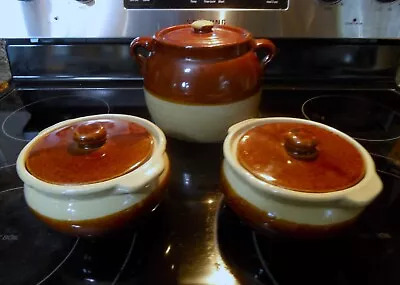 Vintage Brown Glaze Stoneware Crock Bean Pot W/lid & 2 Covered Bowls Pottery • $29.95