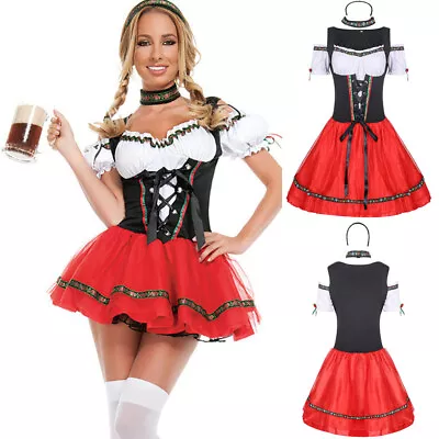 Women's Dirndl Dress Traditional Bavarian Oktoberfest Costumes Carnival Dress UK • £31.19