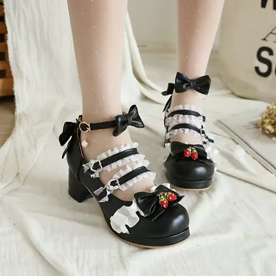 Womens Lolita Mid Heel Round Toe Bowknot Lace Strawberry Kawaii Cosplay Shoes • £38.39