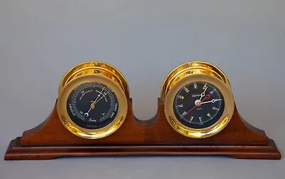 VINTAGE Chelsea Black Flag Clock And Barometer Set W/ Wood Base Stand VGC • $800.89