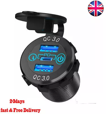 Dual QC 3.0 USB + PD Type-C Fast Car Charger Socket Adapter Power Outlet 12V 24V • £9.29