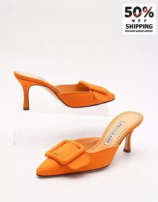 RRP€702 MANOLO BLAHNIK Canvas Mule Shoes US5 UK2 EU35 Orange Made In Italy • £129.99