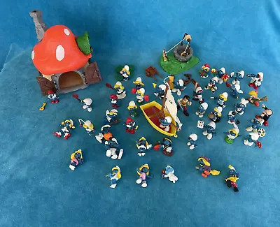 VINTAGE & RARE ~ HUGE SMURF Collection + Mushroom House + Sailboat PEYO SCHLEICH • $599