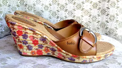 BOLO By BORN SANDALS Tan Leather Floral Jute Wedges Women's 10 • $24.99