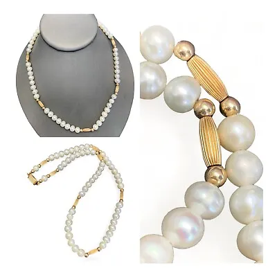 Vintage Real White Pearl Necklace Gold Bead Quality Accent Fancy Clasp 18” • $29.98