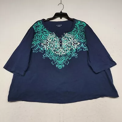 Catherines Shirt Womens Plus 2X Blue Floral Henley 3/4 Sleeve Top Blouse • $14.99