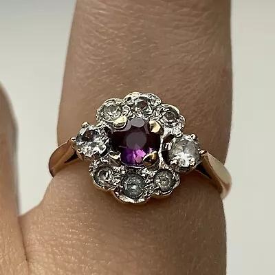 Amethyst & White Spinel Cluster Daisy Vintage Ring 9ct Yellow Gold - Size M • $186.50