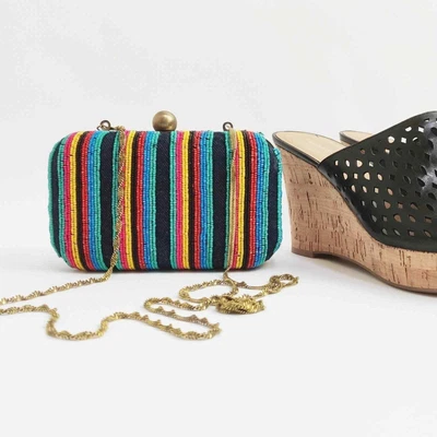 $60 • Buy NEW ZARA Rainbow Hand Beaded Clutch Shoulder Bag Handbag Purse Chain Strap